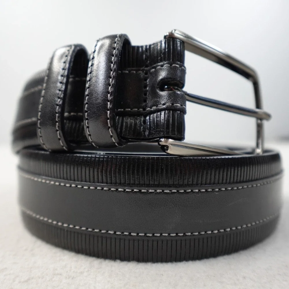 Mezlan Leather Belt Mens 40 Black Embossed Silver Buckle Designer Spain